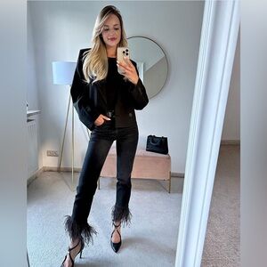 Zara Feather Trim Denim Slim Crop Jeans Size 8 NWT Blogger Favorite